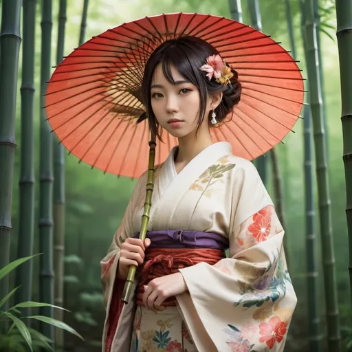 Prompt: Full body, young japanese woman, twentyfour years old, wearing colorful elegant japanese garment, delicate jewellery, beautiful, kind expression, holding a parasol, RPG-fantasy, intense, detailed, game-rpg style, fantasy, detailed character design, 
atmospheric, bamboo forest