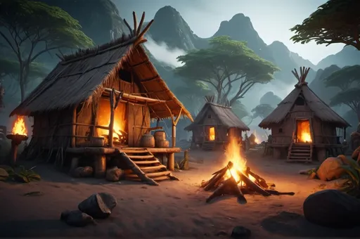 Prompt: small djungle settlement, centered by a shaman hut, campfire, dramatic fantasy settlement scene, cinematic lighting