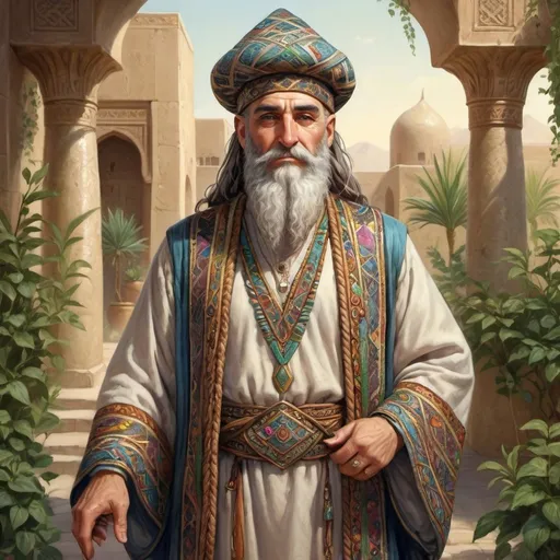 Prompt: Full body, Fantasy illustration of a elderely male wizard, oliv skill, braided beart, rich and decorated mesopotamian robe, amiable expression, colorfull, high quality, fantasy, anciant persian headwear, persian garden 