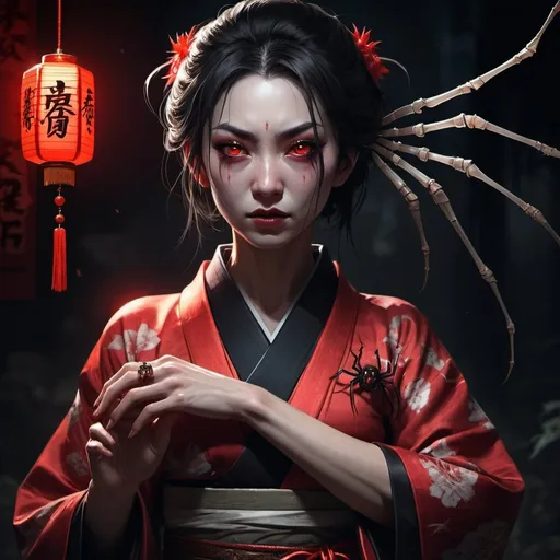 Prompt: a woman in a kimono and a spider on her arm, red glowing eyes, 
sharp teeth, delicate jewellery and ancient chinese garments, spider body, sinister look, spooky atmosphere, RPG-fantasy, intense, detailed, 
game-rpg style, dark and eerie lighting, sinister vibe, fantasy, horror