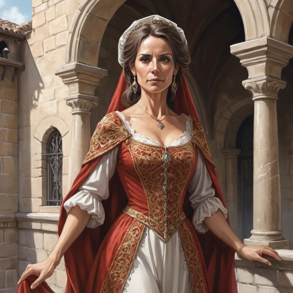 Prompt: Full body, Fantasy illustration of a spanish noble woman, 48 years old, traditional garment, vail, faithfull expression, high quality, rpg-fantasy, detailed, castle