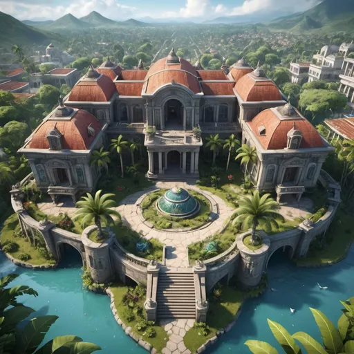 Prompt: City villa with garden, Central American architecture, entire structure, birdview, immersive world-building, high quality, detailed, epic scale, rpg-fantasy