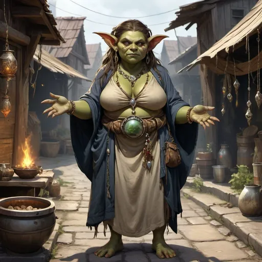 Prompt: Full body, Fantasy illustration of a young female goblin shaman, beautiful, full-figured, exquisitive jewellery, wearing a robe, wise and mystical appearance, mischievous expression, high quality, rpg-fantasy, medivial slum in background