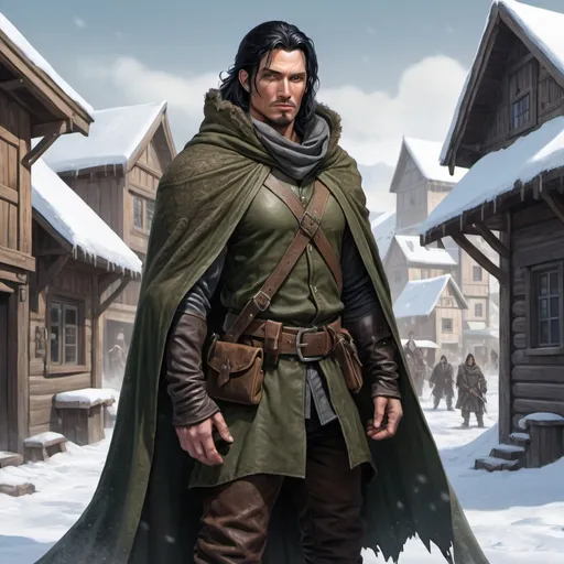 Prompt: Full body, Fantasy illustration of a male ranger, in his fourties, secretive expression, mysterious appearance, leather cloth, cloak, black hair, 
tattoos, high quality, rpg-fantasy, detailed, snow covered wiking town background