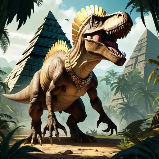 Prompt: Full-body, huge tyranosaur rex, sharp fangs, delicate golden jewellery, feathered crown, omnious atmosphere, RPG-fantasy, intense, detailed, game-rpg style, jungle mayan pyramid in background