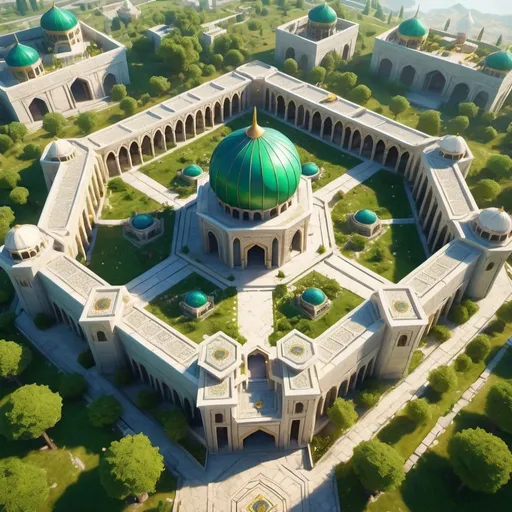 Prompt: Huge persian-style mage guild, entire structure, white marble and gold materials, birdview, hexagonal shape building, surrounded with high walls, lush green garden within the walls, persian city outside the walls, several magic towers, immersive world-building, high quality, detailed, epic scale, fantasy, game style, vibrant colors, bright sunlight