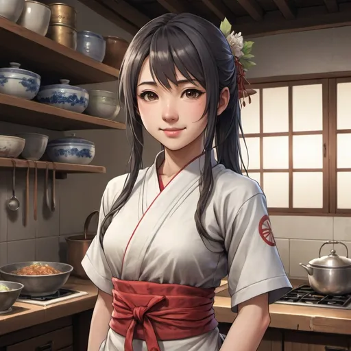 Prompt: Full body, young japanese servant, female, eighteen years old, pretty, funny, cheerful expression, 
RPG-fantasy, intense, detailed, game-rpg style, fantasy, detailed character design, atmospheric, chinese kitchen