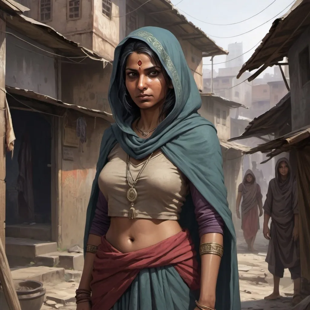 Prompt: Full body, Fantasy illustration of the head of a thiefes guild, indian female, middle aged, athletic, sari and hooded cloak, calculating look, opportunistic expression, high quality, rpg-fantasy, detailed, indian slums in the background