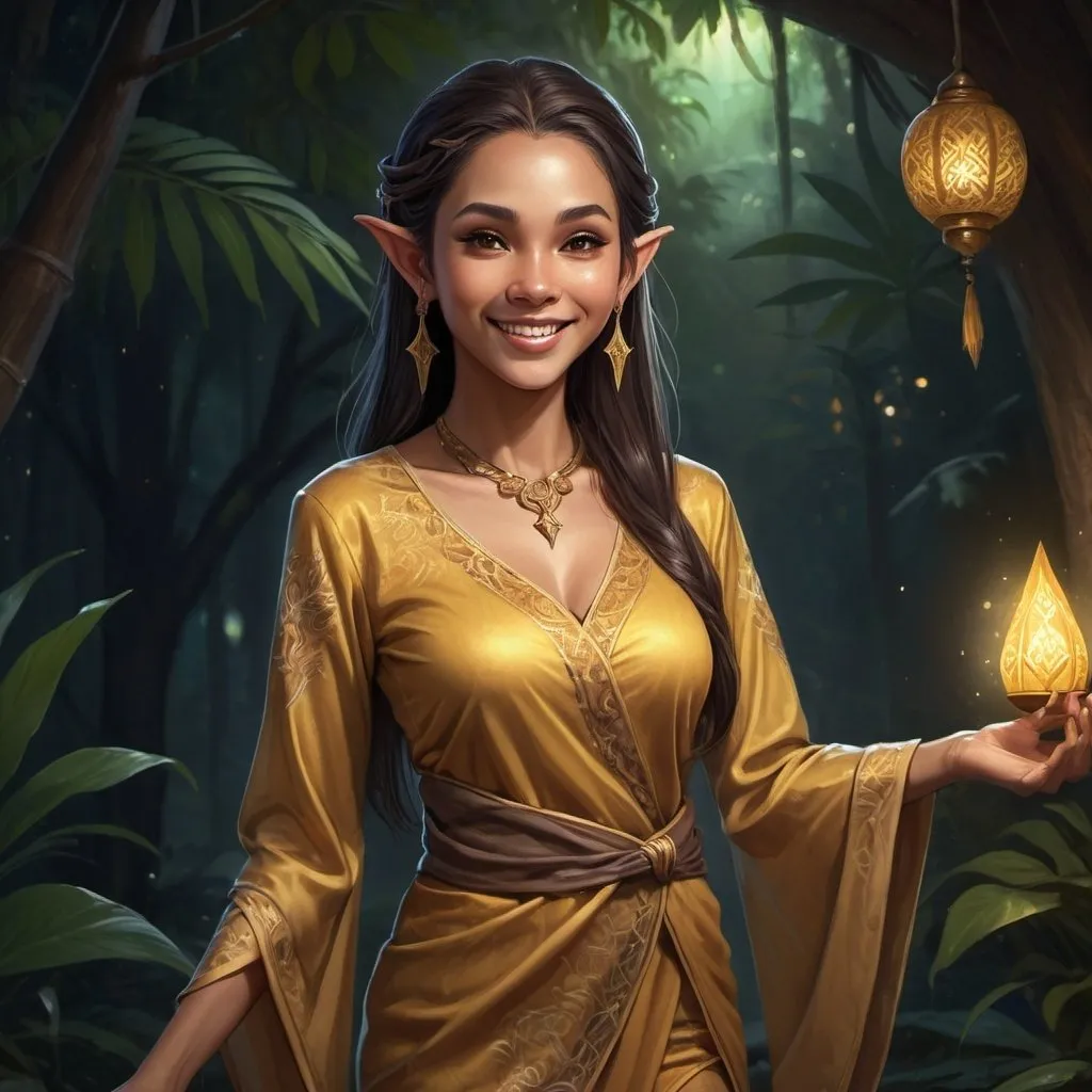 Prompt: Full body, Fantasy illustration of a female malayan elf, beautiful, brown-yellowish skin, dark hair, malayan hairstyle, pointy ears, colorfull traditional  malayan garment baju kurung, mysterious expression, smiling, high quality, rpg-fantasy, mystical lighting, detailed, djungle background, nighttime, illustrated, art