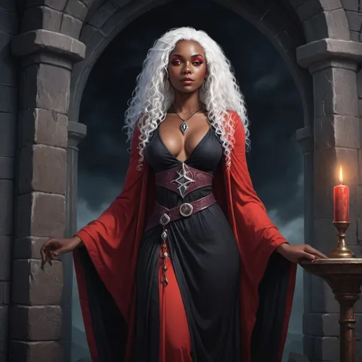 Prompt: Full body, Fantasy illustration of a black female sorceress, 25 years old, full figured, beautiful, black skin, white curly hair, elegant red wizardrobe,  delicate makeup, melancholic expression, sad smile, high quality, rpg-fantasy, detailed, dark wizard tower background