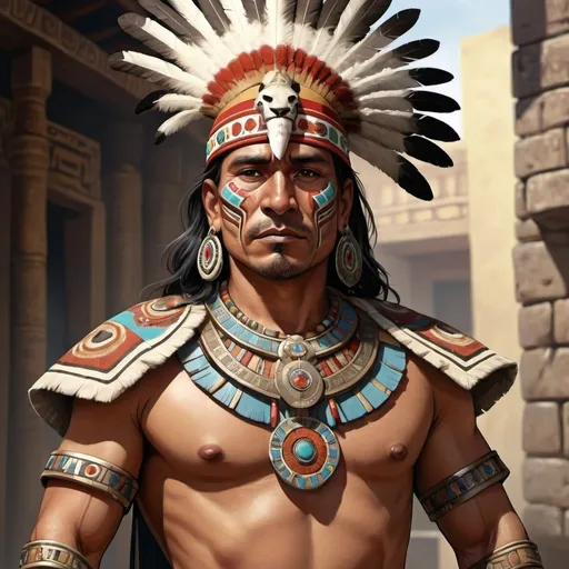 Prompt: Full body, Fantasy illustration of a male aztec nobleman, 40 years old, traditional garment, jaguar skin, exquisitive jewellery, proud and strong, closed expression, high quality, rpg-fantasy, aztec town