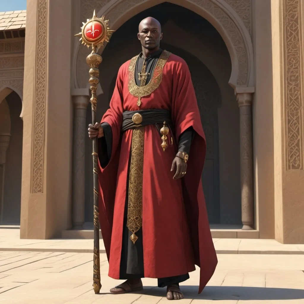 Prompt: Full body, Fantasy illustration of a male black cleric, 50 years old, black skin, skinny, tonsure, delicated robe in red with golden ornaments, Holding a staff with a sun symbol, faithful devout expression, high quality, rpg-fantasy, detailed, in front of a building like the Great Mosque of Djenné