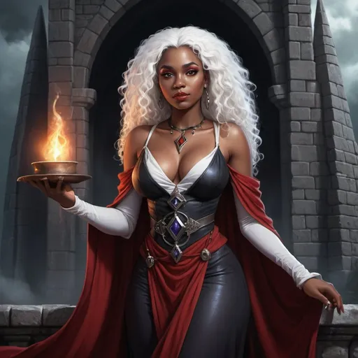 Prompt: Full body, Fantasy illustration of a black female sorceress, 25 years old, full figured, beautiful, black skin, white curly hair, elegant red wizardrobe,  delicate makeup, melancholic expression, sad smile, high quality, rpg-fantasy, detailed, dark wizard tower background