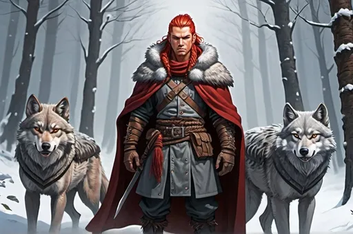 Prompt: Full body, Fantasy illustration of male laplander warrior, angry expression, traditional lappish garment, cloak, red braided hair, accompanied by two grey wolves, high quality, rpg-fantasy, detailed, snow covered forest background