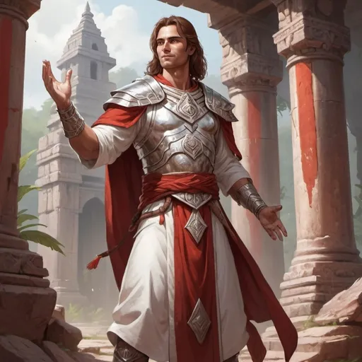 Prompt: Full body, Fantasy illustration of a brownhaired male warrior priest,  delicate silber armor, white and red  robe, kind expression, benign smile, raised hand for a blessing gesture, high quality, rpg-fantasy, indian djungle temple ruins from red limestone, mystical atmosphere