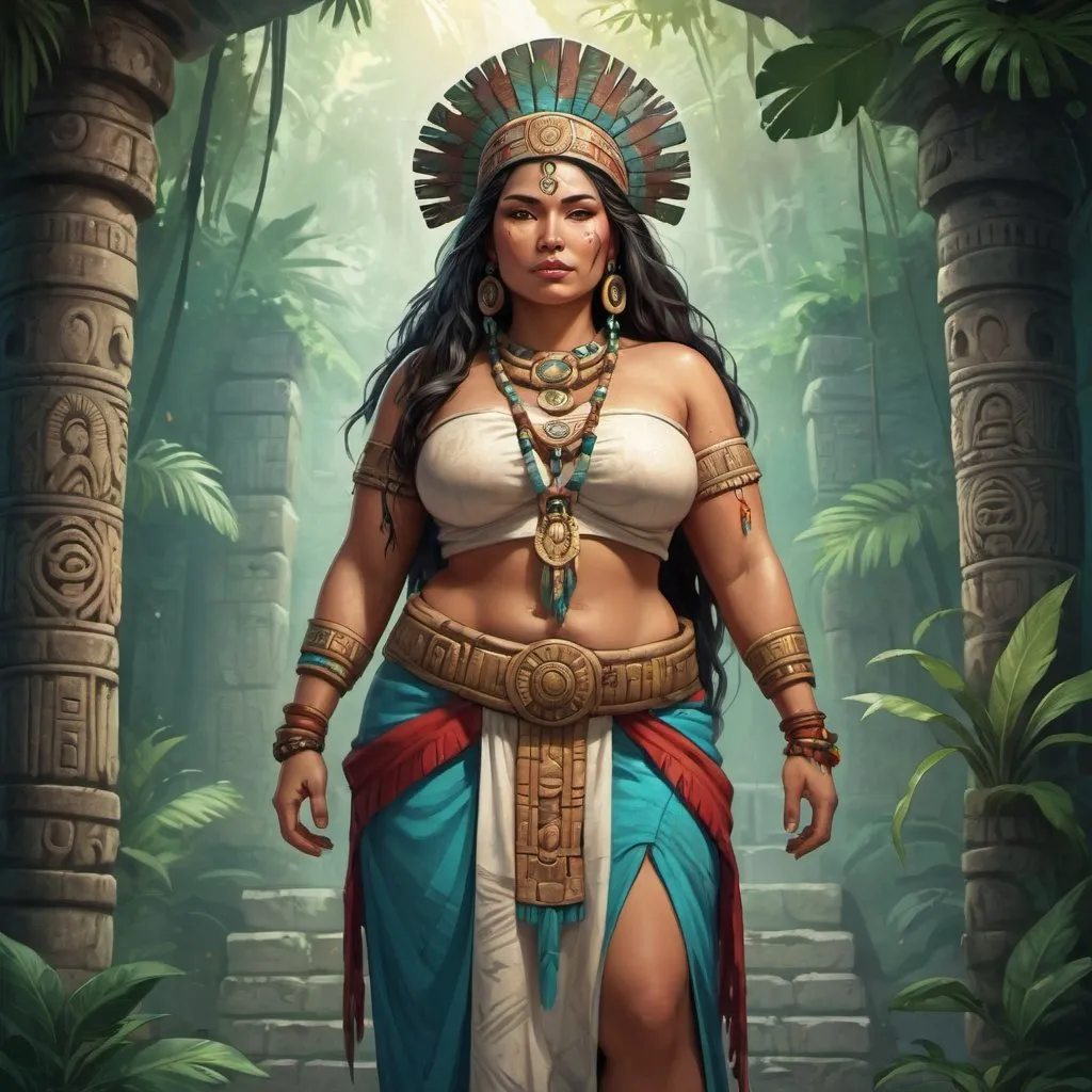 Prompt: Full body, Fantasy illustration of a mayan priestess, 30 years old, full-figured, beautiful traditional garment,  kind expression, high quality, rpg-fantasy, djungle temple background