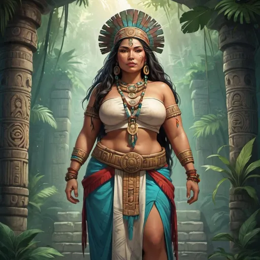 Prompt: Full body, Fantasy illustration of a mayan priestess, 30 years old, full-figured, beautiful traditional garment,  kind expression, high quality, rpg-fantasy, djungle temple background