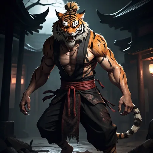 Prompt: Full body, 伥, male chinese weretiger, walking upright, tiger fur, fierce look, torn chinese clothing, topknot hair, 
sharp fangs and claws, cunning eyes and evil grin, spooky atmosphere, RPG-fantasy, intense, detailed, game-rpg style, dark and eerie lighting, sinister vibe, fantasy, horror, weretiger, detailed character design, atmospheric, spooky ambiance
