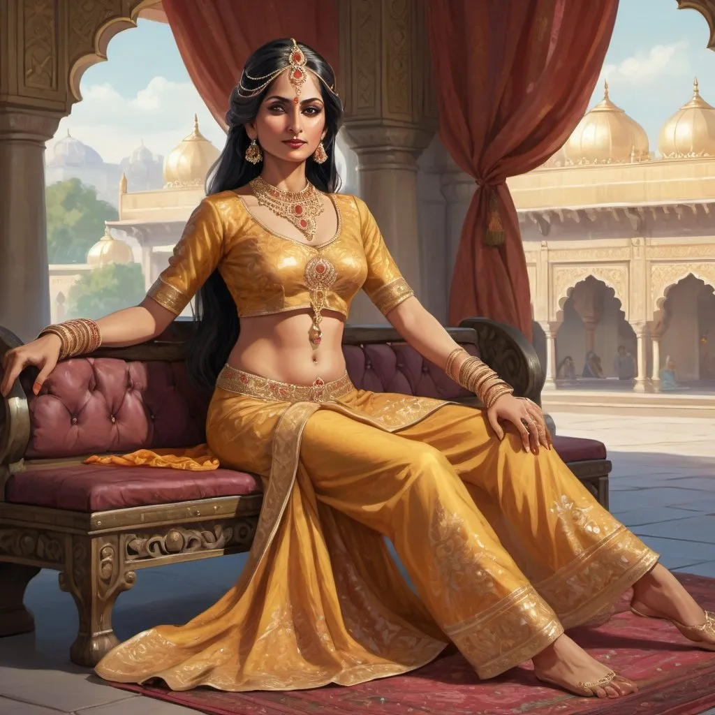 Prompt: Full body, Fantasy illustration of a female Maharani, 40 years old, delicate traditional garment, golden diadem, coquettish expression, lying on a bench, high quality, rpg-fantasy, indian palast in the background