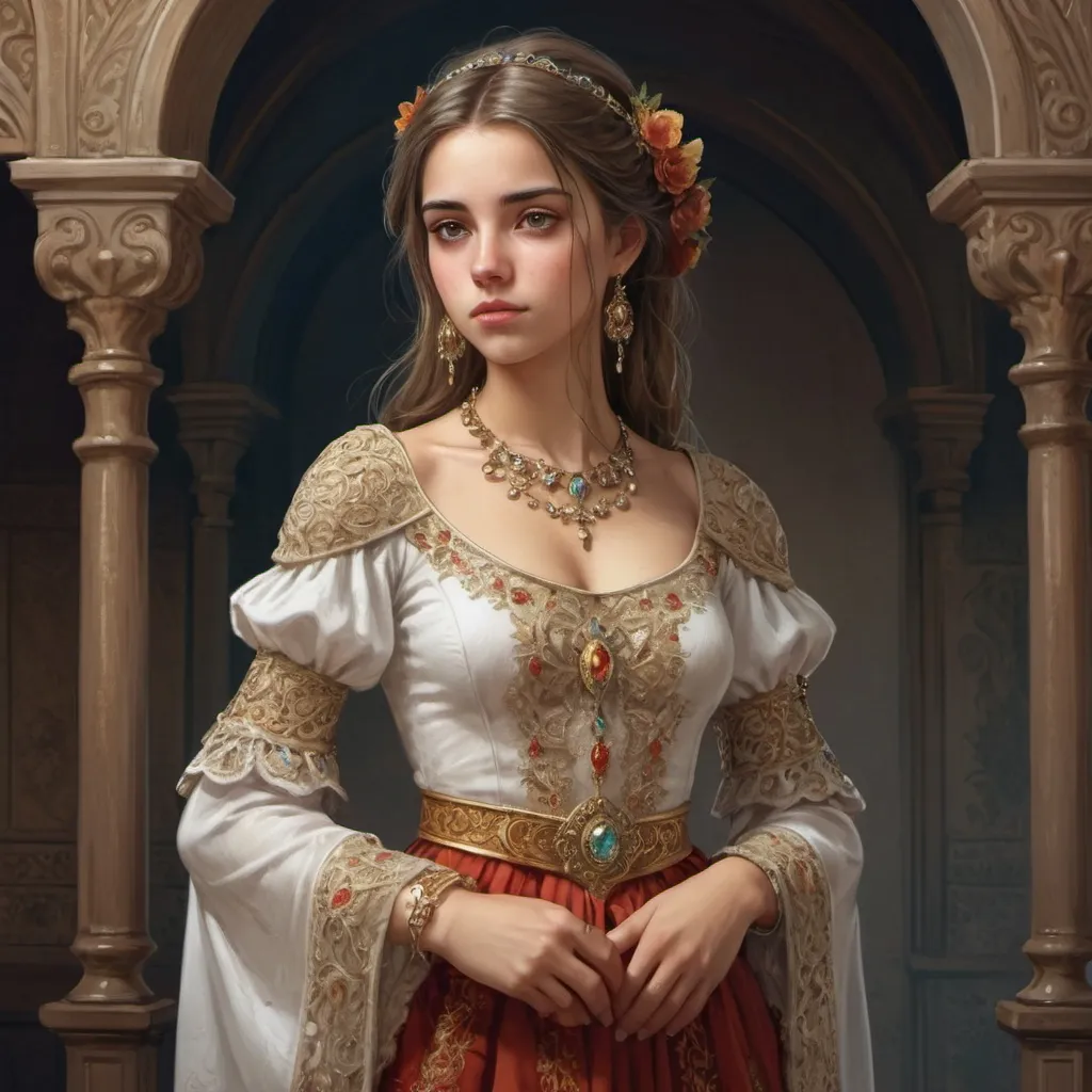 Prompt: Full body, Fantasy illustration of a beautiful spanish noble girl, 18 years old, delicate traditional garment, intricate jewelry,  dreamy expression, high quality, rpg-fantasy, detailed