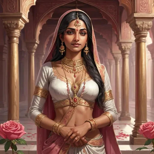 Prompt: Full body, Fantasy illustration of an indian female Cleric, priestess of the godess of love, 22 years old, beautiful, tempting traditional garment, delicate jewellery, flirty expression, high quality, rpg-fantasy, in a temple hall, rose decoration