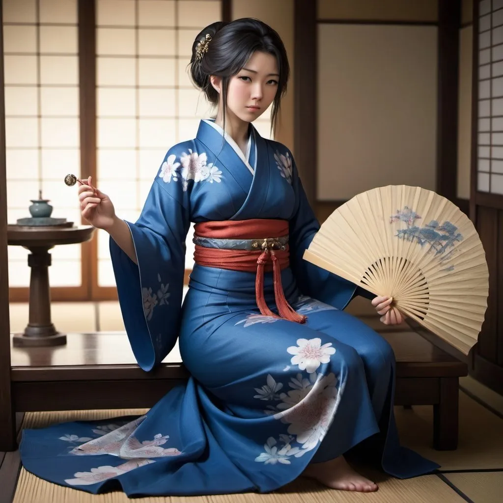 Prompt: Full body, japanese woman, thirtyeight years old, wearing blue elegant japanese garment, delicate jewellery, pretty, full figured, closed expression, 
holding a fan, RPG-fantasy, intense, detailed, game-rpg style, fantasy, detailed character design, atmospheric, chinese livingroom