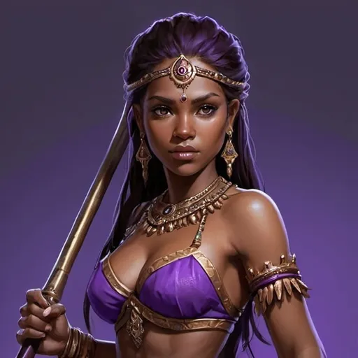 Prompt: make her skin complexion a bit darker with a purple tone aand she should hold a spear in her hand