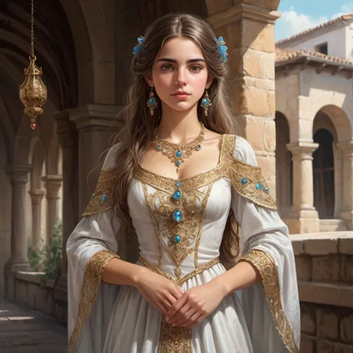 Prompt: Full body, Fantasy illustration of a beautiful spanish noble girl, 18 years old, delicate traditional garment, intricate jewelry,  dreamy expression, high quality, rpg-fantasy, detailed