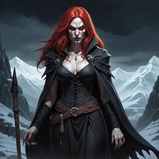 Prompt: Full body, Fantasy illustration of a evil female witch, in her thirties,red hair with a white streak, scars on the face, cruel expression, high quality, rpg-fantasy, detailed, icy mountains background, dark and eerie lighting, sinister vibe, spooky atmosphere