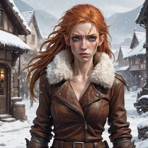 Prompt: Full body, Fantasy illustration of a female woman, young and skinny, leather clothing, ginger disheveled hair, smeared makeup, exhausted expression, high quality, rpg-fantasy, detailed, snow covered wiking town background
