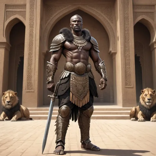 Prompt: Full body, Fantasy illustration of a male black warrior, 50 years old, black skin, muscular, short haired, african style armor, lion fur around the shoulder, proud expression, high quality, rpg-fantasy, detailed, in front of a building like the Great Mosque of Djenné