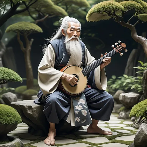 Prompt: Full body, old japanese musician, male, seventy years old, playing an instrument, white hair and long beard,  mischievous expression, RPG-fantasy, intense, detailed, game-rpg style, fantasy, detailed character design, atmospheric, japanese garden