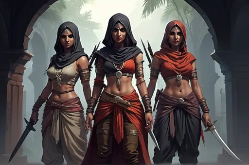 Prompt: 3 female assasins, indian style clothing, armed eith daggers, fantasy RPG game style, high quality, dangerous atmosphere, dark veils, fantasy RPG, traditional Indian