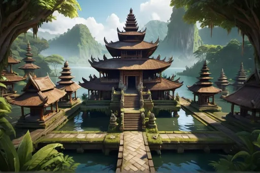 Prompt: Fantasy illustration of a balinese temple, architecture similar to Pura Ulun Danu Bratan, on an island in a lake, bird's-eye view, game-rpg style, detailed temple design, lush greenery, mystical atmosphere, atmospheric lighting, highres, detailed landscape, fantasy, RPG, bird's-eye view, temple architecture, lush environment, mystical, atmospheric lighting, detailed design, game style, high quality, detailed landscape