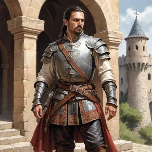 Prompt: Full body, Fantasy illustration of a spanish hidalgo, 35 years old, braid, traditional garment, cuirass, wary expression, high quality, rpg-fantasy, detailed, castle