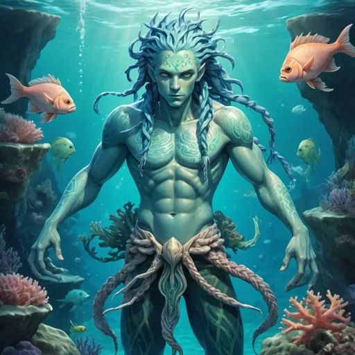 Prompt: Full body, Fantasy illustration of a waterspirit, male humanoid with fish like features, braided blue hair, green skin color, big blue eyes, uncanny expression, high quality, rpg-fantasy, detailed, underwater coral bank background 