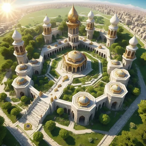 Prompt: Huge persian-style mage guild, entire structure, white marble and gold materials, birdview, hexagonal shape building, surrounded with high walls, lush green garden within the walls, persian city outside the walls, several magic towers, immersive world-building, high quality, detailed, epic scale, fantasy, game style, vibrant colors, bright sunlight