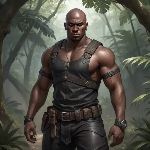 Prompt: Full body, Fantasy illustration of a male black bouncer, 25 years old, black skin, dark complexion, bald head, wornout leather armor, aggressive expression, high quality, rpg-fantasy, jungle settlement