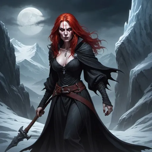 Prompt: Full body, Fantasy illustration of a evil female witch, in her thirties,red hair with a white streak, scars on the face, cruel expression, high quality, rpg-fantasy, detailed, icy mountains background, dark and eerie lighting, sinister vibe, spooky atmosphere