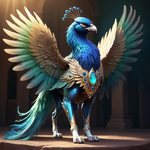 Prompt: Full body, persian mystical dog-bird-creature, head of a dog, chest of a dog, peacock tail feathers, bird of prey claws, huge wings, colorfull, majestic appearance, mystical atmosphere, dog head, RPG-fantasy, intense, detailed, game-rpg style, bright lighting, fantasy, detailed character design, atmospheric, otherwordly ambiance, desert mountains