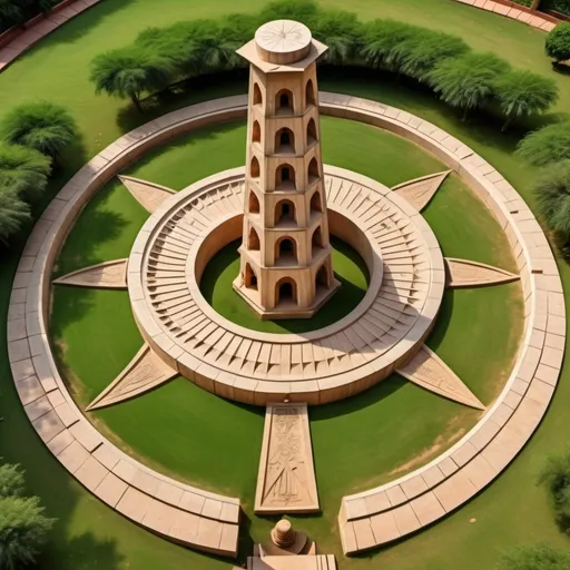 Prompt: Ancient Indian tower, used as pointer for a huge semicircled sundial on the ground, jantar mantar, bird view, rpg-fantasy, material limestone, green surroundings, entire structure, intricate carvings and ornate details, high quality, detailed, epic scale, fantasy, game style,