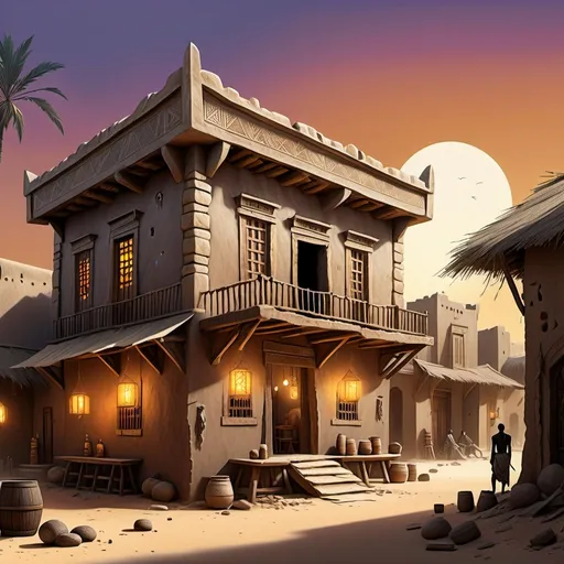 Prompt: Fantasy Illustration of a run-down tavern, western-african architecture, entire structure, limestone materials, stray roof, african style, immersive world-building, high quality, detailed, epic scale, fantasy, surrounded by an ancient african city like timbuktu, twilight