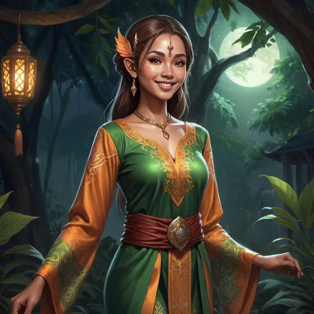 Prompt: Full body, Fantasy illustration of a female malay elf, beautiful, tawny skin, dark hair, malayan hairstyle, colorfull traditional  malayan garment baju kurung, mysterious expression, smiling, high quality, rpg-fantasy, mystical lighting, detailed, djungle background, nighttime, illustrated, art