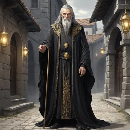 Prompt: Full body, Fantasy illustration of a male wizzard, 50 years old, gaunt and skinny, elegant black robe with golden ornaments, grey greasy hair, thin beard, grim expression, high quality, rpg-fantasy, detailed, roman style fantasy town background