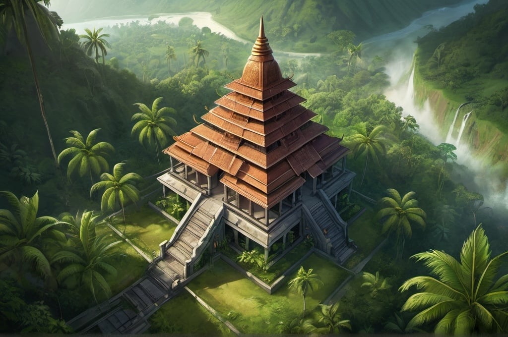 Prompt: Fantasy illustration of a temple, Sumatra Minangkabau architecture, bird's-eye view, game-rpg style, detailed temple design, lush greenery, mystical atmosphere, atmospheric lighting, highres, detailed landscape, fantasy, RPG, bird's-eye view, temple architecture, lush environment, mystical, atmospheric lighting, detailed design, game style, high quality, detailed landscape