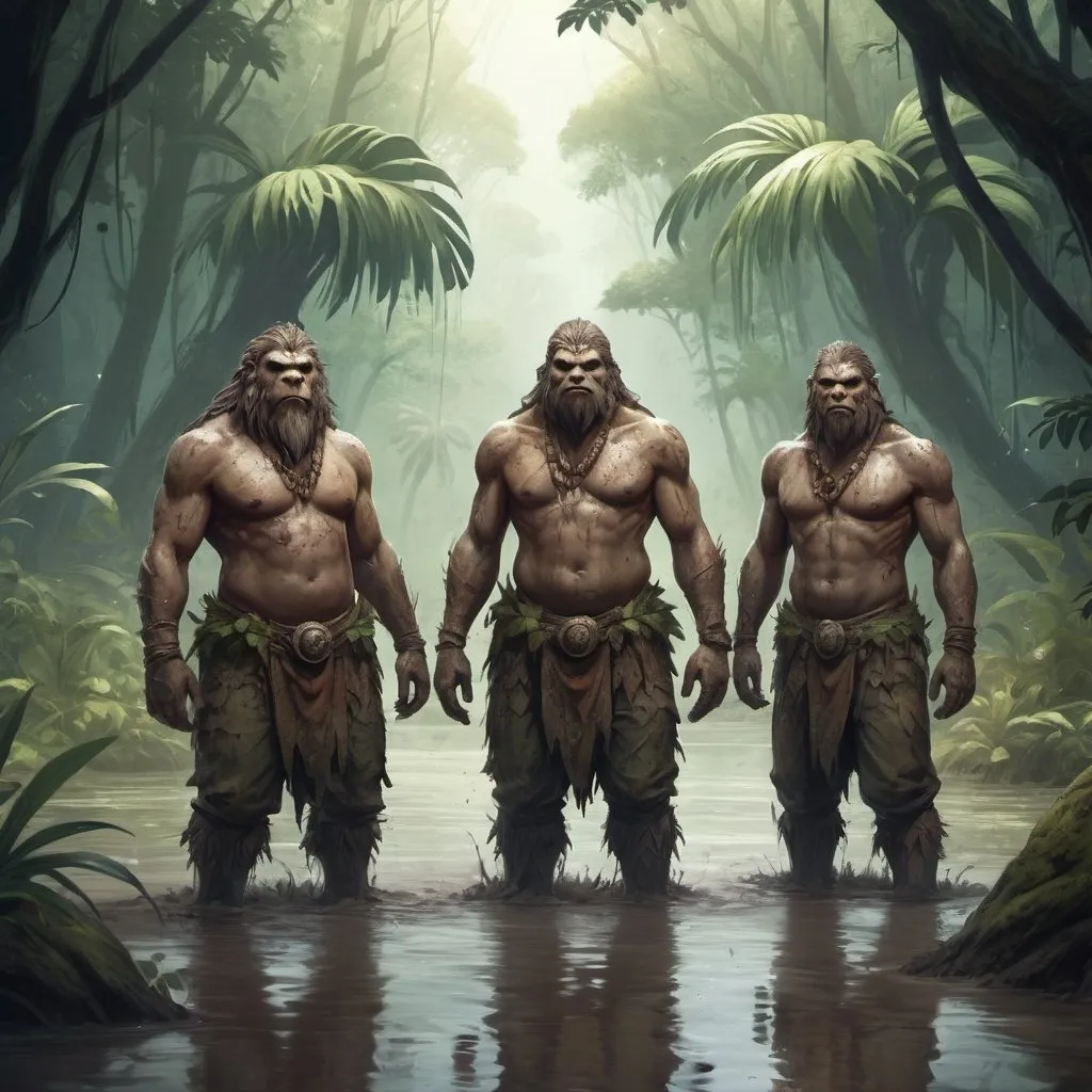 Prompt: Full body, Fantasy illustration of three krokodiles in a muddy jungle river, high quality, rpg-fantasy, atmospheric, jungle background