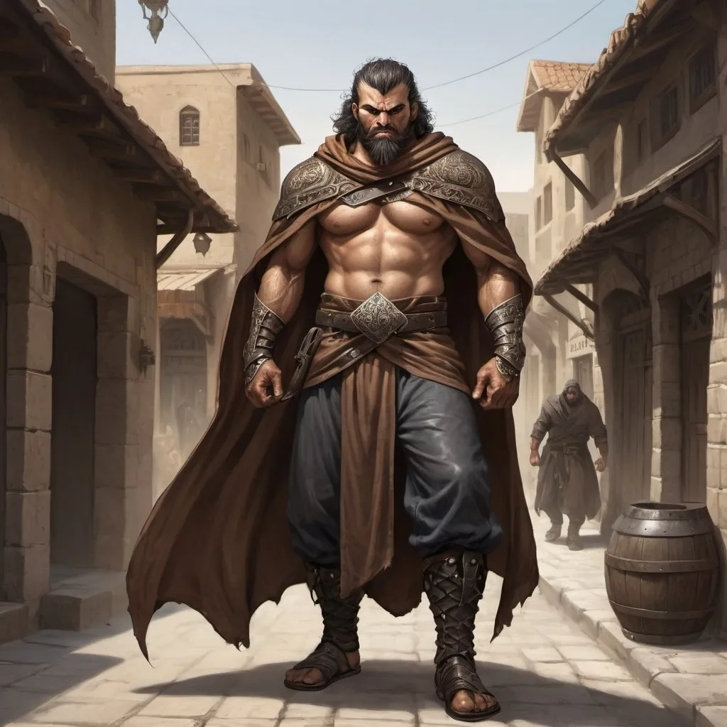 Prompt: Full body, Fantasy illustration of a persian thug, brute and irascible, stubble, leather armor, aggressive expression, high quality, fantasy, cloak, male, persian town