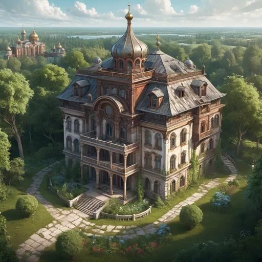 Prompt: Fantasy Illustration of a Russian Villa, surrounded by a Garden, abandoned, entire structure, birdview, immersive world-building, high quality, detailed, epic scale, rpg-fantasy