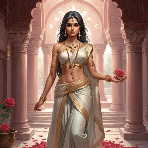 Prompt: Full body, Fantasy illustration of an indian female Cleric, priestess of the godess of love, 22 years old, beautiful, tempting traditional garment, delicate jewellery, flirty expression, high quality, rpg-fantasy, in a temple hall, rose decoration