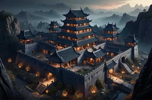Prompt: Huge chinese cused castle, birdview, entire structure, dark materials, surrounded with high walls, 
neglected garden, immersive world-building, high quality, detailed, epic scale, fantasy, game style, dark and eerie lighting, nightfall